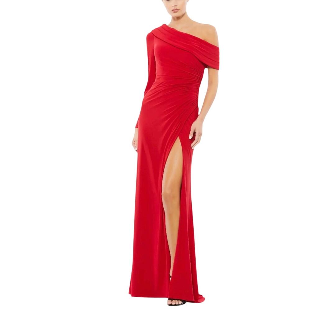 Mac Duggal 26570 Red Evening Gown One Shoulder Long Sleeve Column Dress Size 2